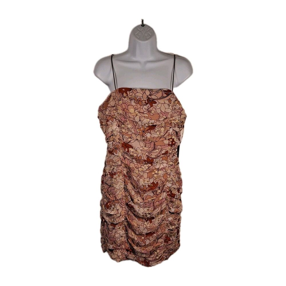 BTFL-Life Women's Terra Cotta Ruched Mini Dress Sz L Floral Gold Accent